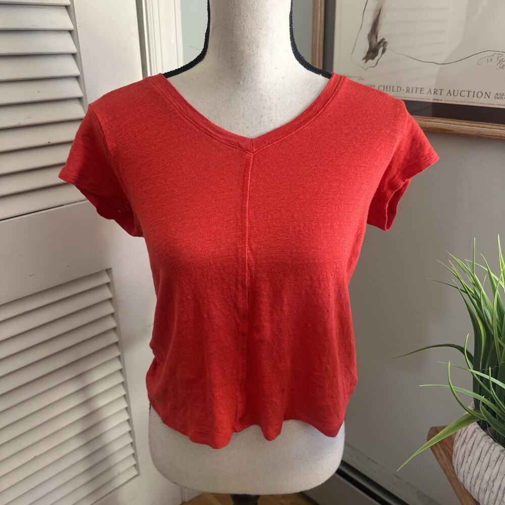 Sigrid Olsen Top Womens Large Red Linen Dainty V-Neck Casual Minimalist Capsule